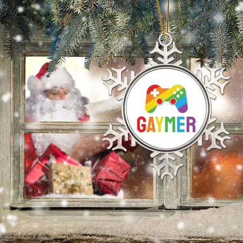 Vista 6 de Adorno de árbol de Navidad Gaymer Rainbow Gay Game Ornamentos Gay Decoraciones de Navidad Regalo Amor Igualdad Derechos LGBTQ Rainbow Metal Copo