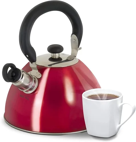 Vista 2 de Hervidor de agua para té con silbido Mr. Coffee 91407.02 Flintshire, de acero inoxidable, 1.75 qt, Rojo
