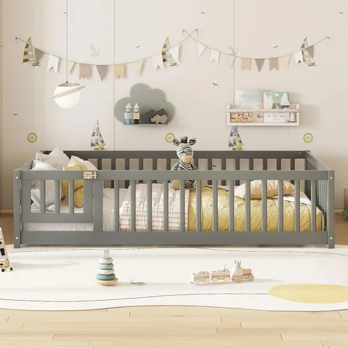 Vista 3 de Cama Montessori de tamaño matrimonial con tablillas, puerta y valla, cama Gris