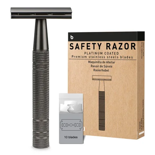 Vista 10 de Maquinilla de afeitar de seguridad azul, navajas de una sola hoja para hombres Reusable Metal Razor, with 10 Platinum Coated Double Edge Blades