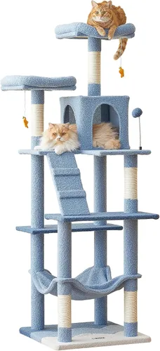 Vista 11 de MWPO - Árbol para gatos, multiestructura para gatos grandes con postes rascadores de sisal, plataforma acolchada, hamaca y condominio, torre Beige
