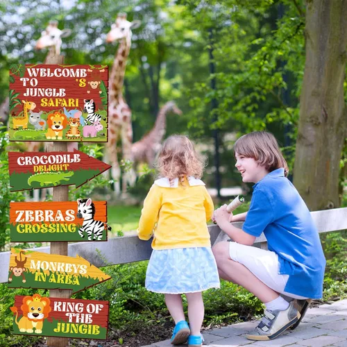 Vista 6 de 20 carteles de fiesta de safari con texto en inglés "Welcome to Jungle Safari", decoraciones de fiesta temática de animales salvajes, letreros