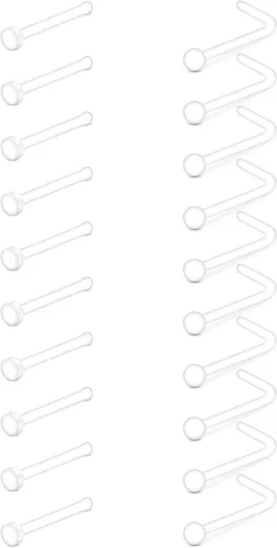 Vista 2 de D.Bella Aretes de nariz transparentes de 0.71 oz y 0.71 onzas (0.63 oz), en forma de L, aros de nariz Bioflex, pasadores de nariz rectos, retenedor