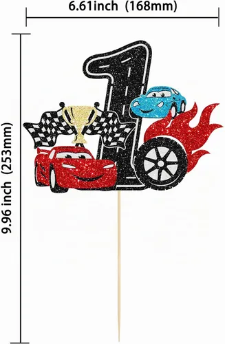 Vista 2 de Ephlyn 1 pieza de decoración para tarta de primer cumpleaños de coche de carreras con purpurina, decoración de tarta 1er cumpleaños para bandera a