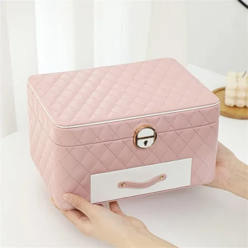 Vista 4 de ZSEDP - Joyero grande de 3 capas de alta capacidad, organizador de almacenamiento de ataúd, cajas de belleza de viaje de cuero para mujer