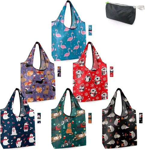 Vista 30 de BeeGreen Bolsas de comestibles reutilizables de Navidad con bolsa de almacenamiento con cremallera, paquete de 10 bolsas de compras reutilizables a