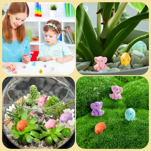 Vista 2 de 48 figuras de elefante pequeño, 8 colores, figuras de animales en miniatura, pequeños elefantes de resina para ocultar para paisaje, jardín