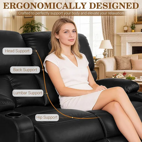 Vista 6 de CHABATREE Sofá reclinable con masaje y calor, asiento de cine en casa, sofá biplaza reclinable manual para caravana con soportes USB/tazas