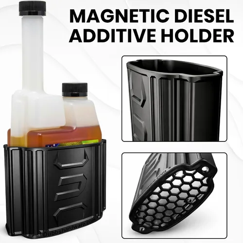 Vista 2 de Soporte magnético para aditivos diésel, compatible con aditivo diésel Hot Shots, botella de doble cuello de 16 onzas, imanes resistentes, fabricado