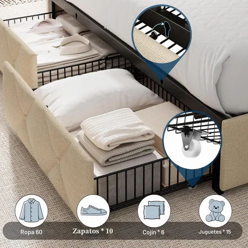 Vista 4 de GalnFu Base de cama de tamaño matrimonial con 4 cajones de almacenamiento, plataforma tapizada con estación de carga, moderna cabecera de Beige