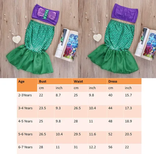 Vista 7 de 2PCS Toddler Kids Baby Girl Mermaid Tail Bikini Set, Wrap Chest Top + Fishtail Skirt Cover-Ups Dress Swimwear