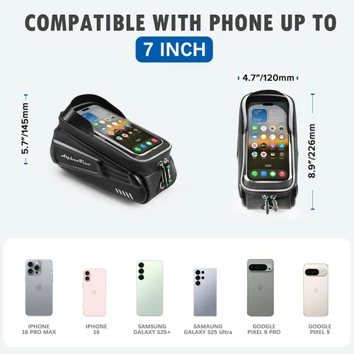 Vista 5 de Bolsa para Soporte de Teléfono para Bicicleta Alphantino - Estuche Rígido Impermeable de Gran Capacidad para Tubo Superior, Marco Frontal