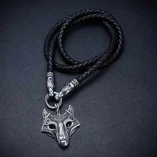 Vista 4 de BAVIPOWER Colgante de cabeza de lobo con collar de cuero trenzado de acero inoxidable, collar escandinavo nórdico auténtico, joyería vikinga