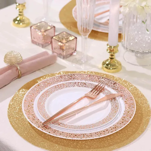 Vista 6 de Efavormart - Juego de 6 manteles individuales antideslizantes de piel sintética con purpurina, color champán para bodas, banquetes, fiestas, cocina