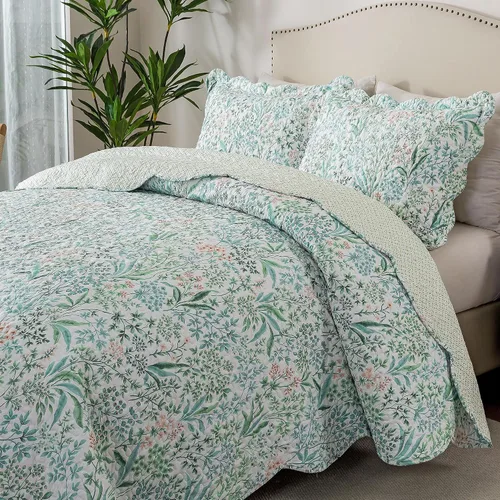 Vista 32 de HoneiLife - Juego de edredón de 3 piezas, colcha ligera de microfibra, diseño de flores silvestres, cubrecamas ligero y botánico, para todas
