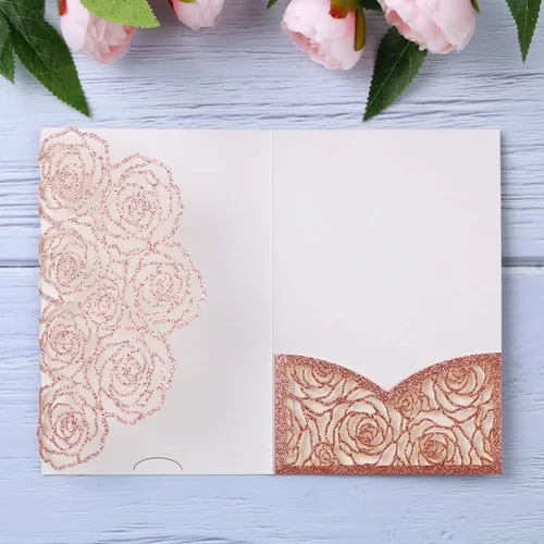 Vista 12 de Página interior personalizada, cortada con láser, bolsillo para tarjetas de invitaciones de boda con sobre para fiesta de cumpleaños, invitación