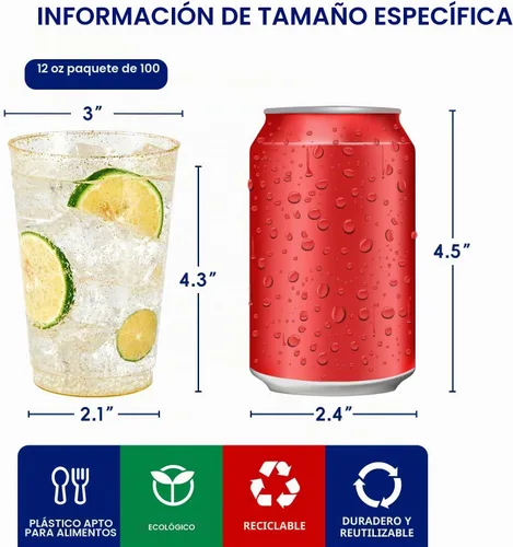 Vista 2 de JOLLY CHEF Paquete de 100 vasos de plástico dorados de 12 onzas, vasos dorados desechables, vasos de fiesta resistentes para bodas, Acción de 39.4 in