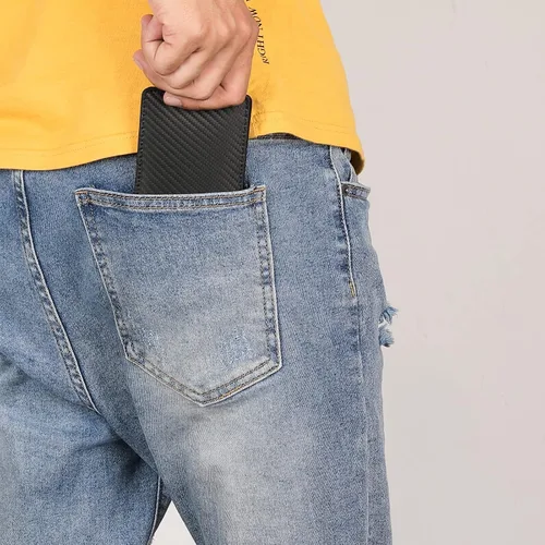 Vista 4 de Cartera delgada de cuero para hombre, billetera pequeña con bolsillo frontal con bloqueo RFID, ventana de identificación