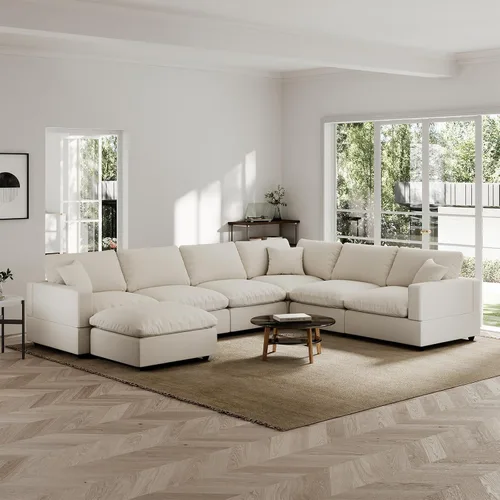 Vista 53 de Sofá seccional moderno de lino en forma de L para sala de estar, sofás modulares con relleno de plumón, fundas de cojín de sofá desmontables, sofá