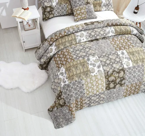Vista 9 de DaDa Bedding - Colcha de algodón bohemio con retazos florales, diseño de filigrana marroquí, cachemira, verde oliva, marrón, reversible, multicolor