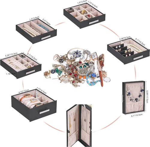 Vista 3 de ANWBROAD Large Jewelry Box Women Jewelery Organizer Box Jewelry Holder Organizer Jewelry Storage Case for All Jewelry with Lock Mirror for Necklaces