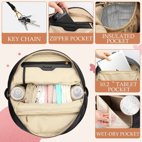 Vista 4 de Omanmoli Mochila para pañales de bebé, bolsa de pañales de cuero, mochila para mamá y papá con 18 bolsas organizadoras, 6 bolsillos aislados, Negro
