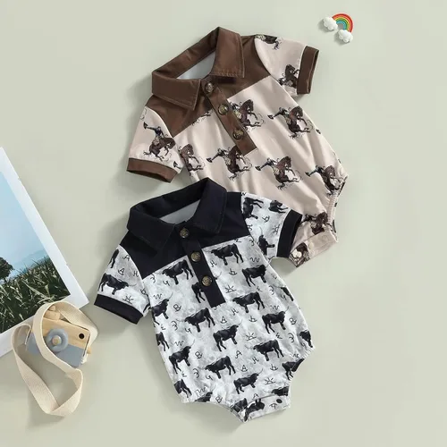 Vista 7 de Omkzanbi Ropa de bebé occidental con estampado de vaca, con botones, con solapa, polo, camisa, mameluco, retro, traje de verano