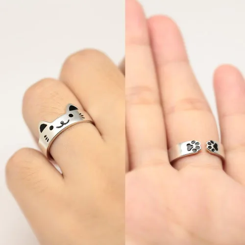 Vista 2 de Anillo de gato de plata de ley 925 lindo anillo de gatito joyería de moda ajustable tamaño (EE. UU. 6.5), Plata de ley