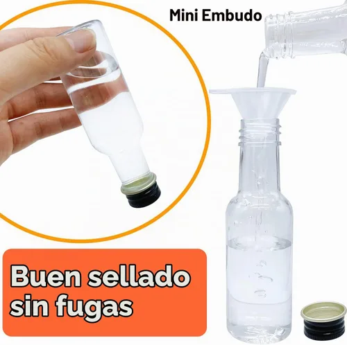 Vista 4 de Mini botellas de licor, paquete de 30 botellas herméticas de plástico con tapa negra, 1.7 onzas vacías de alcohol con 10 embudos, miniatura