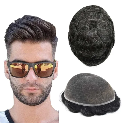 Vista 28 de Peluca de cabello humano con encaje completo, línea capilar real, para hombre, peluca de cabello con nudo blanqueado, pieza de pelo para hombres