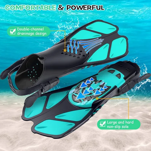 Vista 7 de Greatever Juego de esnórquel para adultos, azul, máscara, aletas, tubo, esnórquel seco, regalo ideal, máscara de buceo ajustable y aletas
