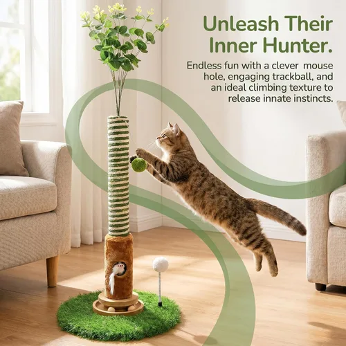 Vista 3 de Poste rascador para gatos de 39 pulgadas de alto con bola interactiva y agujero para el mouse para gatos adultos de interior, cuerda de sisal, torre