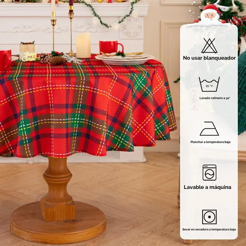 Vista 7 de Romanstile Mantel Redondo Navideño Rojo a Cuadros - 70 Pulgadas - Cubierta de Mesa a Cuadros Resistente al Agua y a las Manchas, Mantel de Poliéster