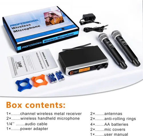 Vista 9 de Sistema de micrófono inalámbrico, frecuencia fija, micrófonos de mano UHF duales, alcance de 200 pies, Plug & Play, micrófono inalámbrico