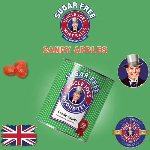 Vista 3 de Uncle Joe's Manzanas de caramelo sin azúcar, lata de 4.23 oz (4.23 onzas) Dulces duros británicos Lata de regalo de dulces duros de manzana sin