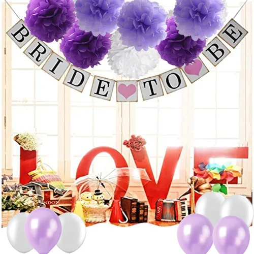 Vista 3 de Juego de decoración de despedida de soltera morada, pancarta de novia para ser blanco, lavanda, morado, papel de seda de gran tamaño, pompones