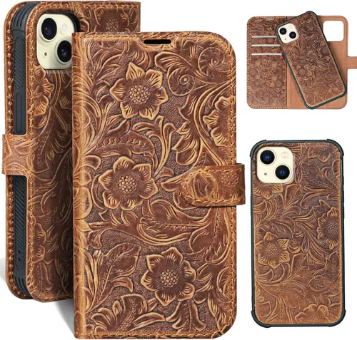 Vista 51 de Funda de cuero compatible con iPhone 16 Pro Max Cartera 6.9", cuero genuino 2 en 1, magnética, desmontable, a prueba de golpes, funda tipo folio