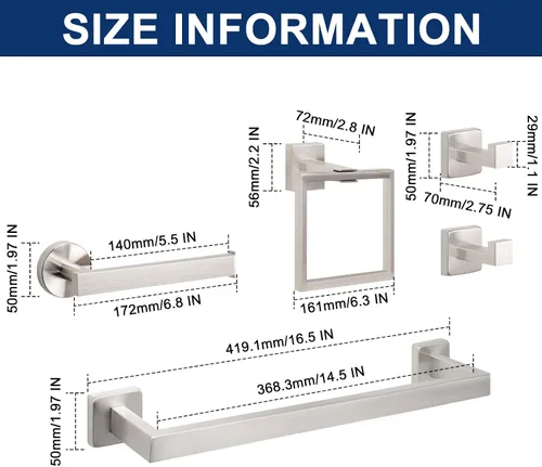 Vista 2 de NearMoon Juego de 5 piezas de accesorios de baño de acero inoxidable 304, juego de toallero cuadrado que incluye toallero de 16 pulgadas + anillo