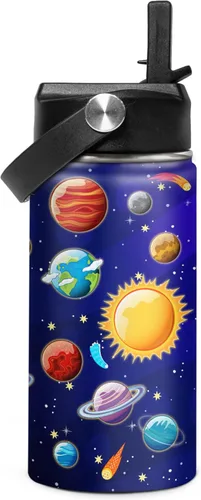 Vista 34 de SANDJEST Botella de agua para niños con tapa con pajilla, botellas de agua de acero inoxidable con aislamiento del alfabeto de 12 onzas para niños