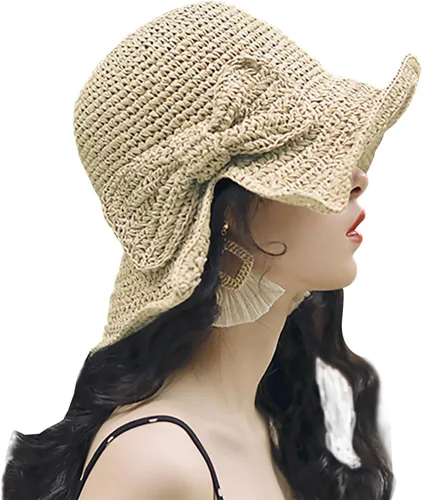 Vista 2 de Sombrero plegable de ala ancha con pajilla, sombrero de verano con lazo para mujeres y niñas, correa ajustable