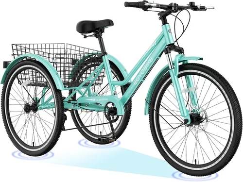 Vista 21 de H&ZT Triciclo para adultos, bicicleta de 3 ruedas, triciclo crucero, con cambio de 7 velocidades, manilla de freno de estacionamiento, paso bajo