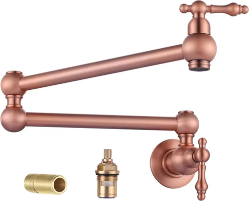 Vista 15 de WOWOW Grifo de llenado de ollas de bronce antiguo, grifo de cocina de montaje en pared de latón con brazos oscilantes de doble junta