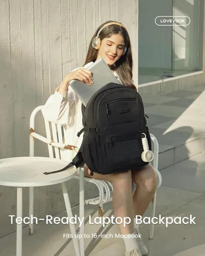 Vista 2 de LOVEVOOK Mochila para laptop para mujeres/hombres con correa de hebilla mejorada para portavasos y bolsillo de malla versátil, Negro, 15,6 pulg.