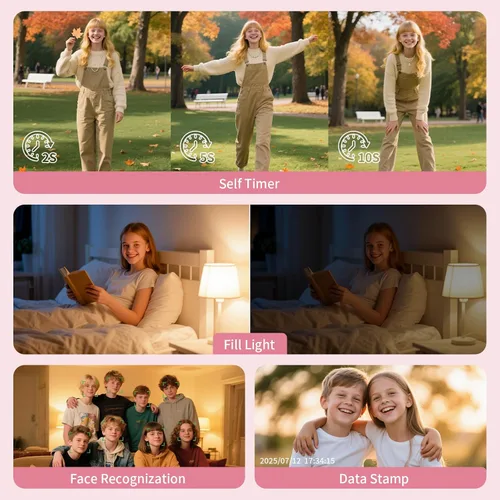 Vista 6 de Cámara digital 4K para niños: cámara rosa de 50 MP para fotografía -Zoom 16X antivibración, sello de fecha- Regalos de cumpleaños de Navidad