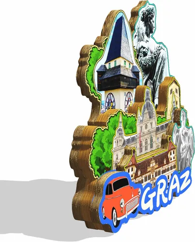 Vista 2 de Imán de Austria Graz para nevera, diseño de madera en 3D, monumentos coleccionables, decoración hecha a mano