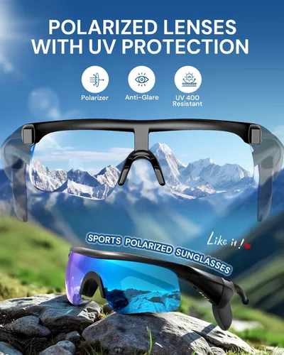 Vista 6 de Lentes de sol Bluetooth para hombres y mujeres, lentes deportivos polarizados UV400 con altavoces HD de oído abierto, asistente de voz y tubos