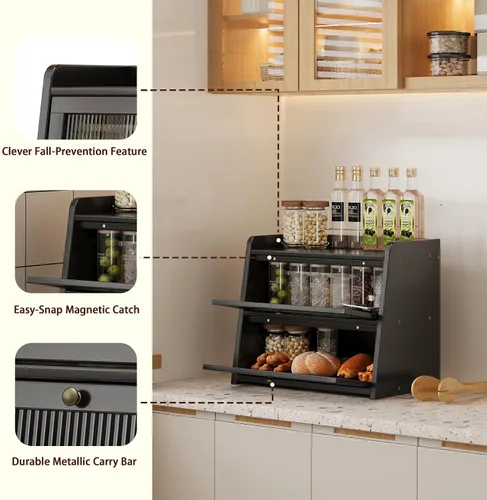 Vista 4 de Panera de bambú grande de doble capa para encimera de cocina, contenedor de almacenamiento de pan de gran capacidad de madera con soporte para pan