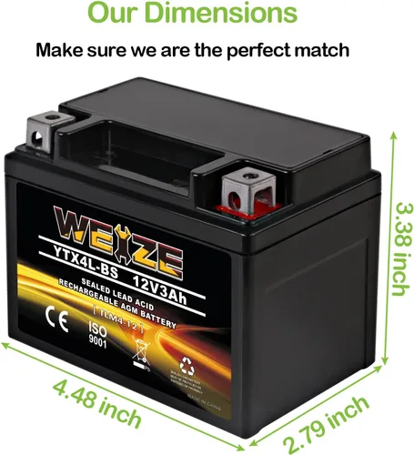 Vista 3 de Weize YTX4L-BS - Batería de motocicleta sellada recargable de alto rendimiento compatible con Polaris Scrambler, Sportsman 90, Honda Scooters NQ50