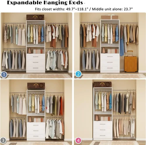Vista 3 de Sistema de armario, sistema de organizador de armario de 4 pies - 9 pies con 3 cajones de madera, sistema de almacenamiento con 5 varillas colgantes