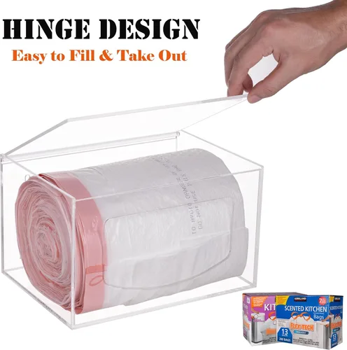 Vista 4 de Dispensador de bolsas de basura extra grande con tapa, soporte de acrílico apilable para bolsas de basura debajo del fregadero, montado en la pared